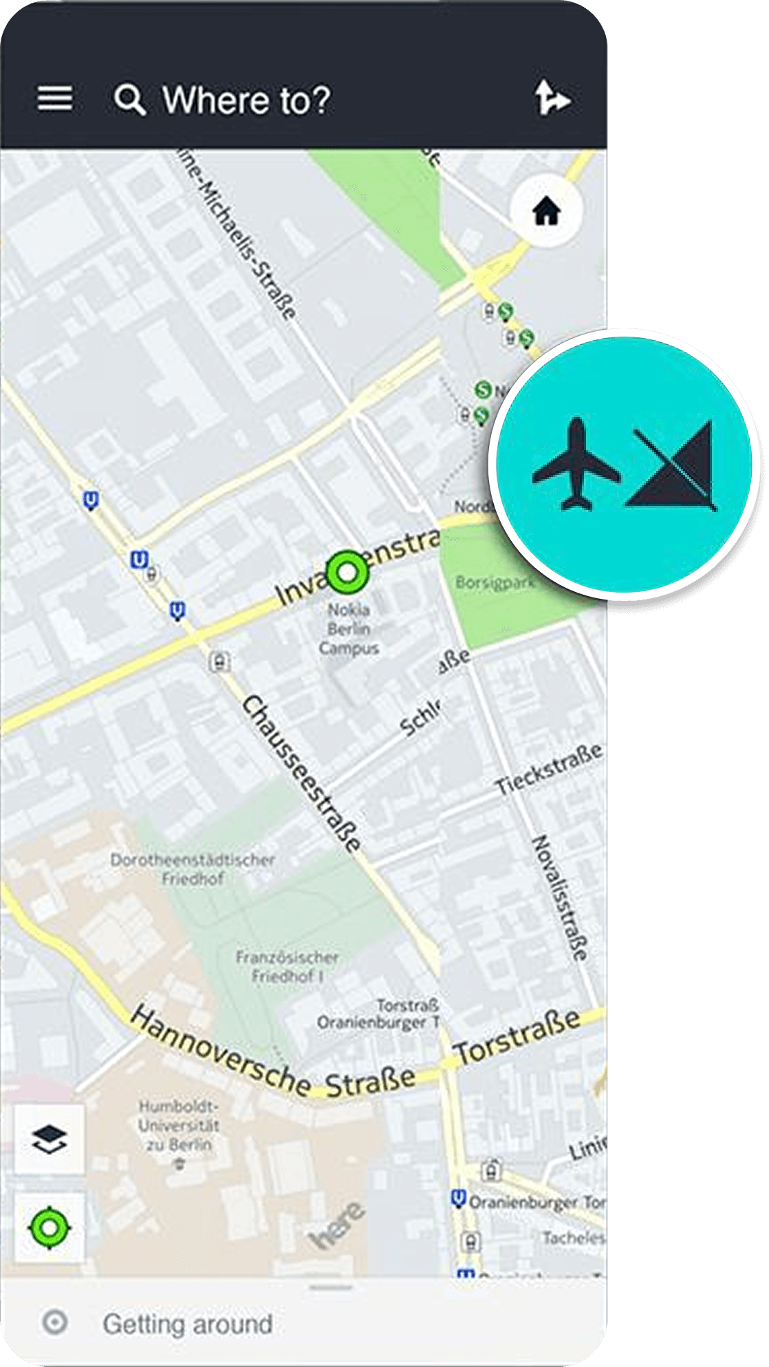 HERE WeGo on mobile before the redesign: a light street map of Berlin with a 'Where to?' search bar at the top and a 'Getting around' bar at the bottom, with a turquoise offline-maps badge over it.