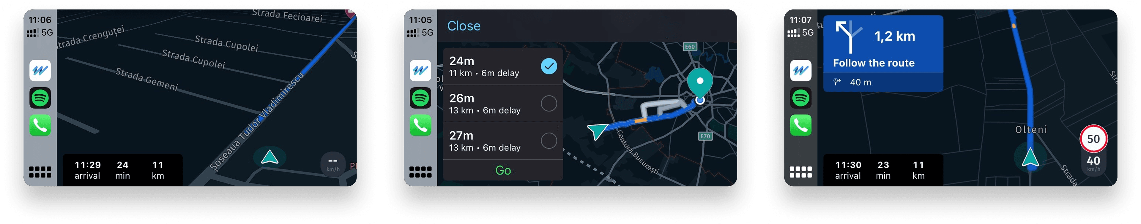 Three states of the in-car HMI: guidance on the map with arrival time, distance and duration; a route choice list with three options and their delays; and an active maneuver panel with the speed limit and current speed in the lower right corner.