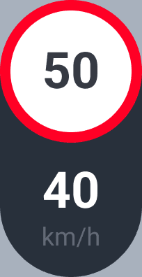 The in-car speed panel: the speed limit of 50 in a red-ringed circle above the current speed of 40 km/h on a dark rounded block.