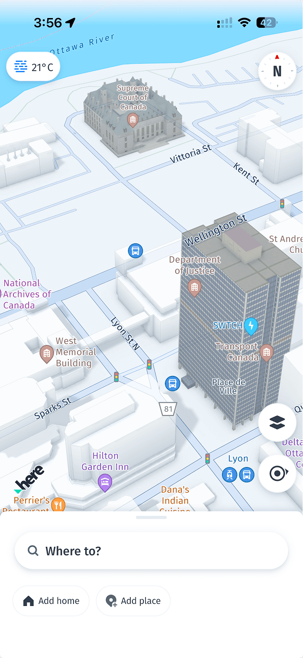 The mobile 3D map of downtown Ottawa with extruded buildings, transit and traffic-light markers, and the 'Where to?' search sheet at the bottom.