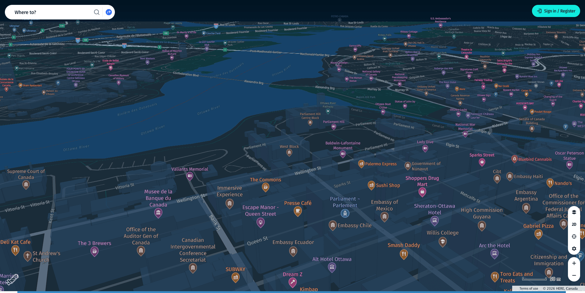 The web 3D view over downtown Ottawa across the Ottawa River, with the expanded POI list drawn as colour-coded category pins over the buildings.