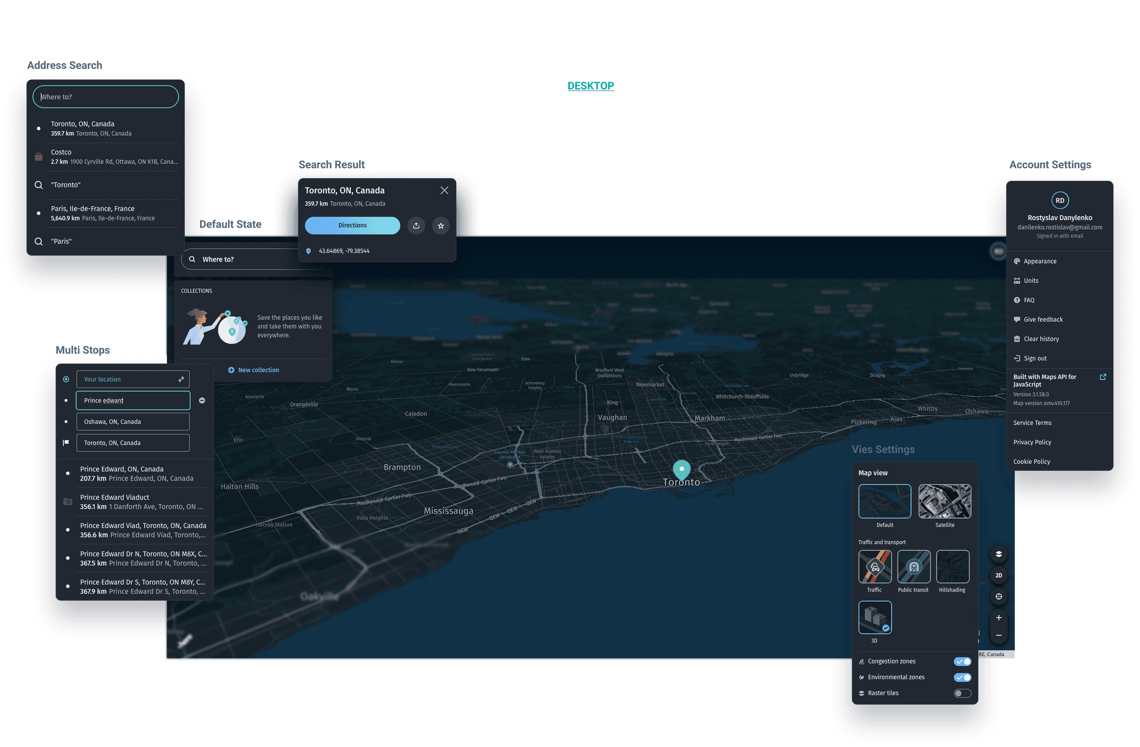 Desktop web states laid out around the map: address search with autosuggest, a search result card with coordinates, the default state with collections, multi-stop routing, account settings, and view settings with 2D and 3D, traffic, public transit and hillshading layers.