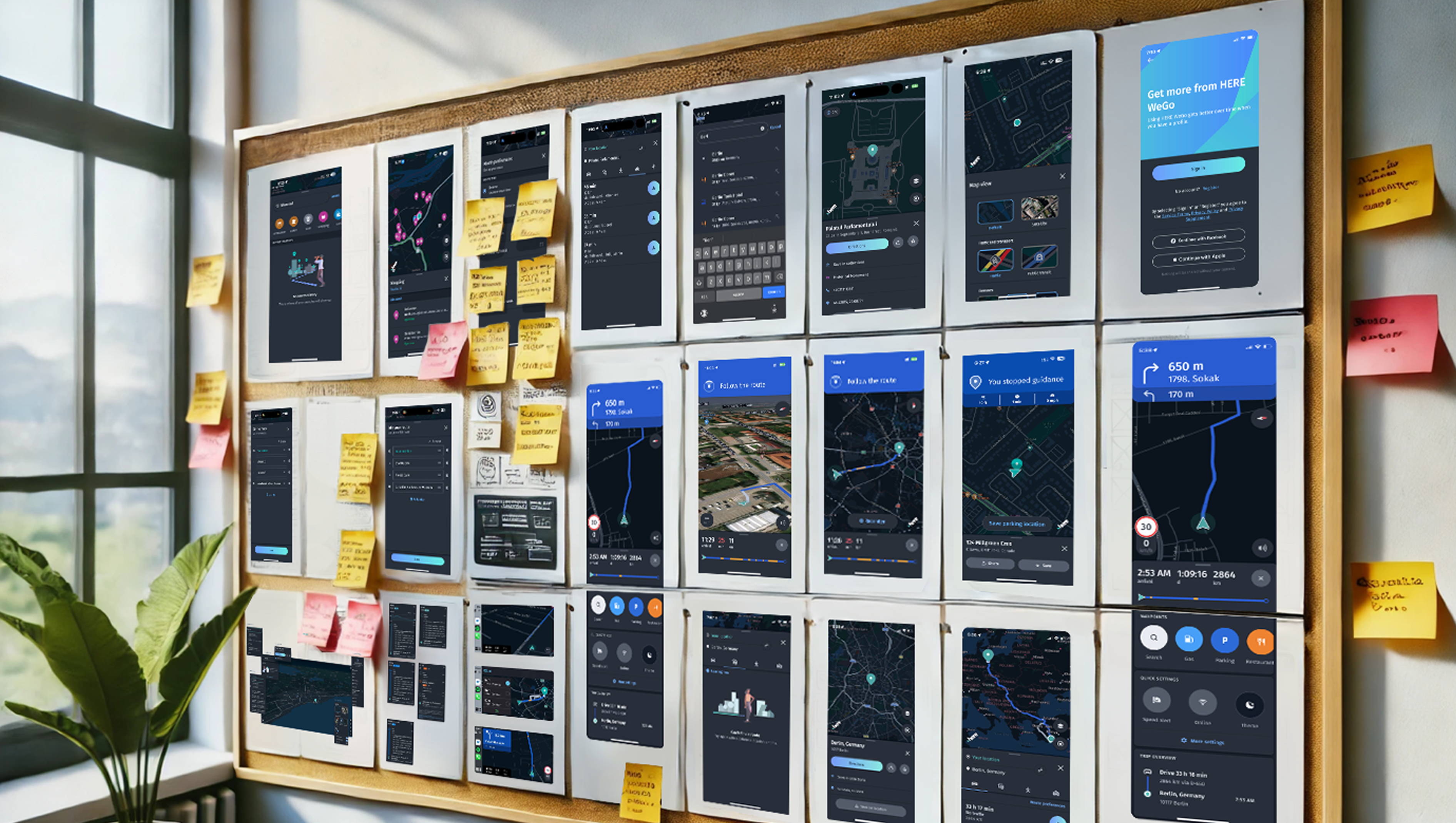 The storyboard on an office wall: rows of printed HERE WeGo screens from every platform, pinned to a board and annotated with sticky notes.