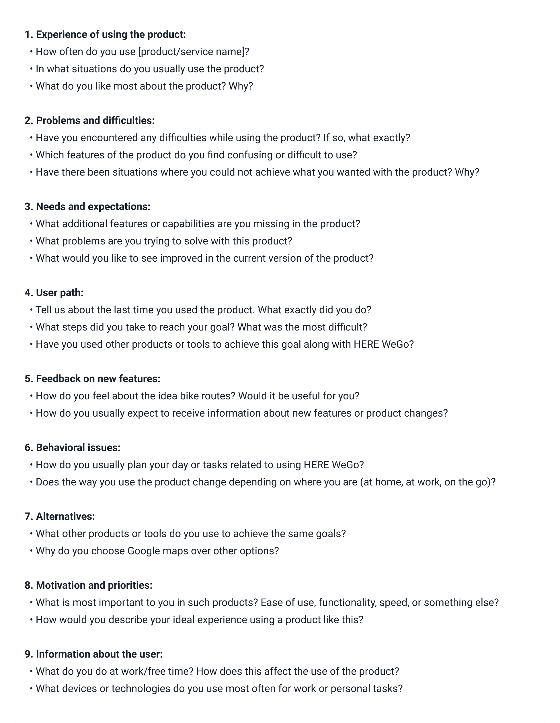 The interview guide: nine numbered blocks of questions covering experience of using the product, problems and difficulties, needs and expectations, the user path, feedback on new features, behavioral issues, alternatives, motivation and priorities, and information about the user.