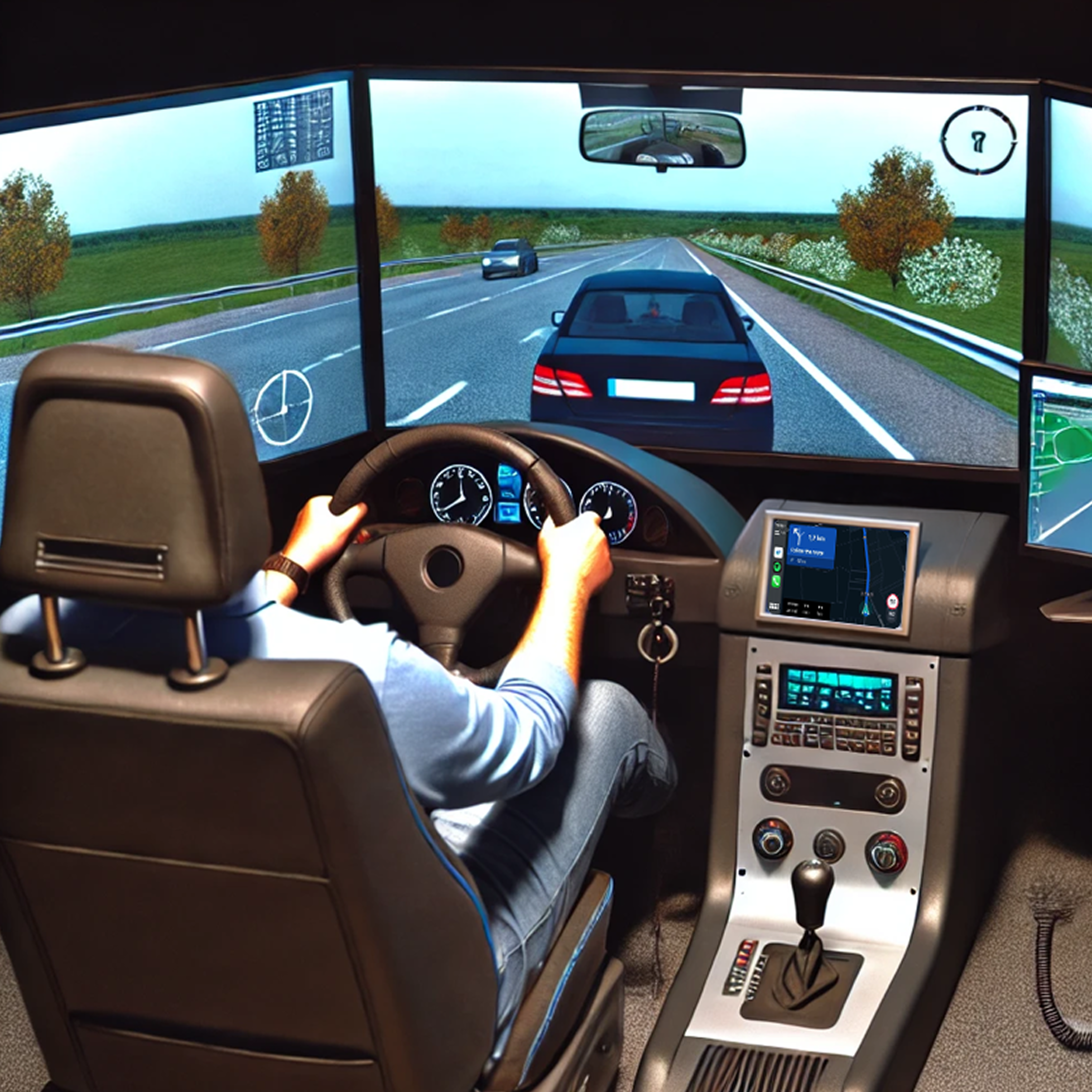 The driving simulator: a participant at the wheel facing wraparound road screens, with HERE WeGo guidance running on the centre display of the dashboard.