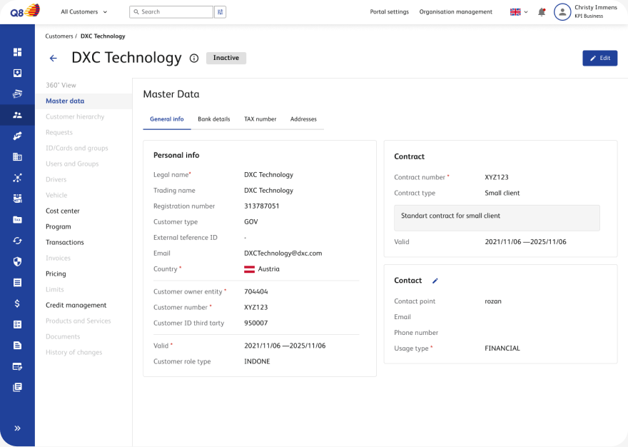 Master data page for a subcontractor account, showing legal name, trading name, registration number, customer type, contract number and type, validity period, country and owner entity.