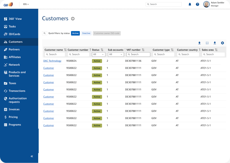 Customer list in the CRM, with columns for customer name, number, status, sub accounts, VAT number, customer type, country and sales area, and a filter row above the table.