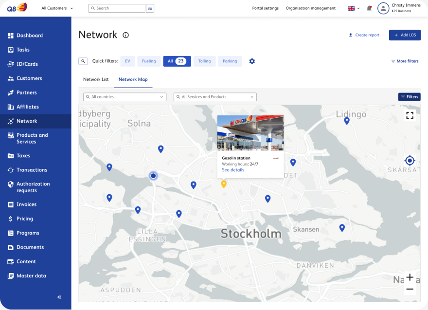 Network view of a client's branch on a map, with service filters above it and a station card showing working hours and a link to details.