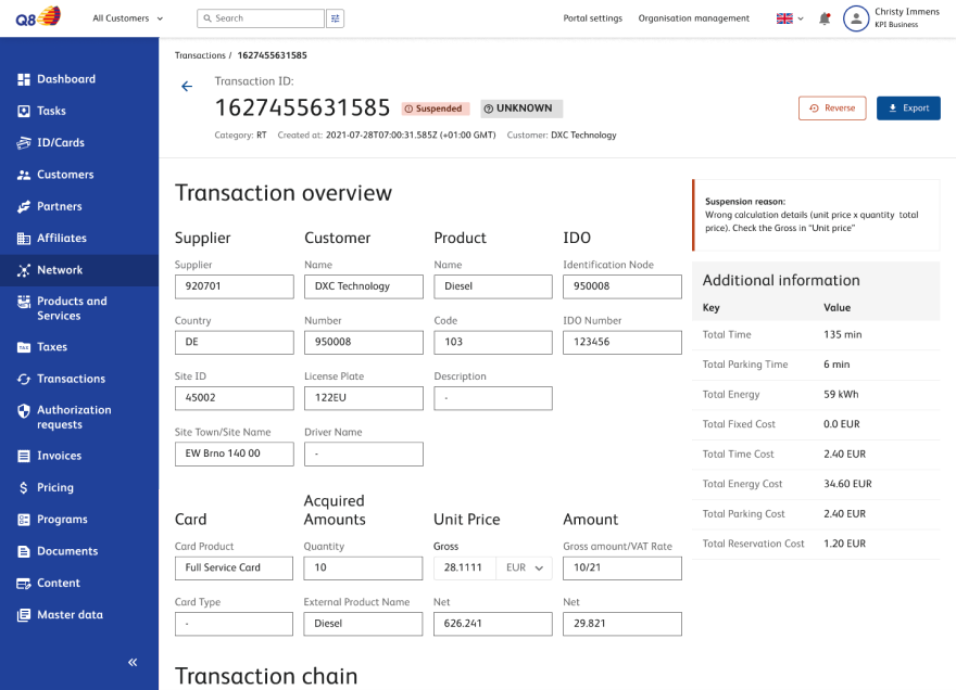 Transaction profile page showing supplier, customer, product, identification node, card, acquired amounts, unit price, cost breakdown, the reason the transaction was flagged, and a transaction chain section below.