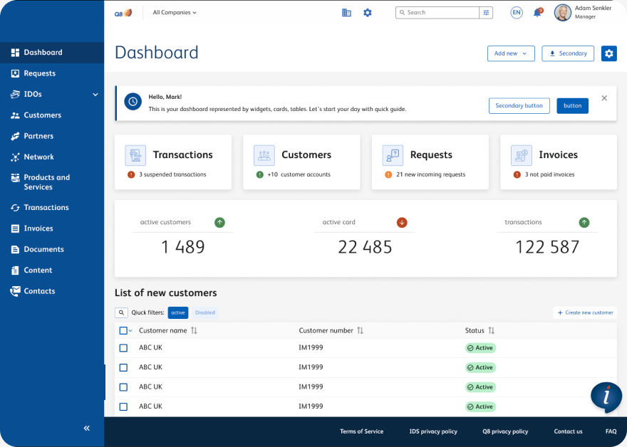 Operator dashboard with a welcome banner, four status cards for transactions, customers, requests and invoices, three counter tiles, and a list of new customers below.